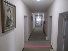 客室廊下の写真。客室階の廊下は幅広く、車いすでも通行できます