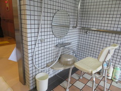 浴室の洗い場の写真。手すりが設置され、背もたれの付きシャワーチェアが置かれています