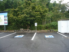 妊婦・乳幼児連れ用の駐車場の写真。公衆トイレの横に、2台分の妊婦・乳幼児連れ用の駐車場があります