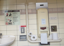 トイレの設備の写真。様々な国の方のためにトイレの使い方も掲示され、英語と中国語でも表記しています。
