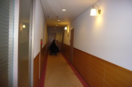 客室への通路の写真。幅が広く、車いすも通行しやすくなっています。
