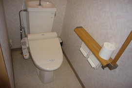 バリアフリールーム内のトイレの写真。車いすが回転できるスペースはありません。
