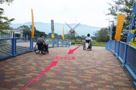 アーチ橋の写真。風車に行く通路の手前には少し傾斜のある橋があります