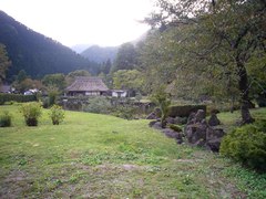 東側からの池と古民家の写真。当時にタイムスリップしたような
里山の風景