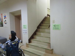エレベーター横の階段の写真。階段とエレベーターで2階の展示室へ行けます