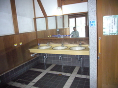 トイレ内の手洗い場の写真。手洗い場は広く車いすでも利用しやすくなっています。
