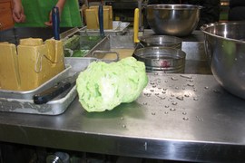 ”出来たて”のレタスの写真。サンプル作り体験で作ったレタスは、つい数分前まで材料の液体でした