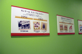 壁面にはパネルが掲示されていますの写真。金太郎飴などの製造から始まった、モンテールの歴史がわかりますね