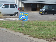 いちごハウスへの案内板の写真。直売所から道路を通っていちご狩りのハウスへ行きます