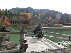 五阿弥池の木製デッキの写真。池に張り出したスペースは車いすでも先端まで行けるので、池の魚にエサをやることも出来ます。