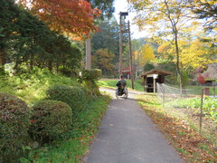 火の見櫓への小路の写真。秋の夕暮れに、紅葉を眺めて垣根と畑の間の小道を散策しています。