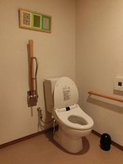 ユニバーサルルーム和室のトイレの写真。室内は広く、跳ね上げ式の手すりが設置されています