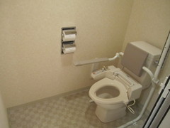 バリアフリー対応客室のトイレの写真。車いすが入れる広さで手すりも設置されています